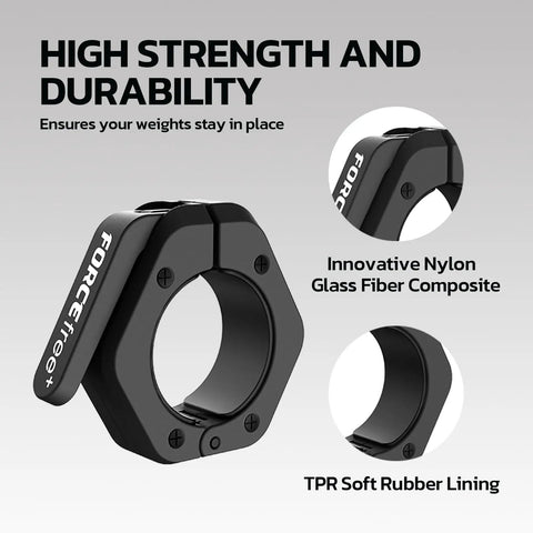 Heavy Duty Barbell Clamps For Secure Lifts Quick Release Olympic Bar Clamps With Anti Slip TPR Grip Non Magnetic Black Collars that lock in plates for weightlifting and powerlifting, shown with nylon composite and TPR lining details.