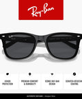 Slim Square Sunglasses With Black Frame And Peaked Temples, Dark Grey Lenses, 65mm Fit, Everyday UV Protection, Ray-Ban