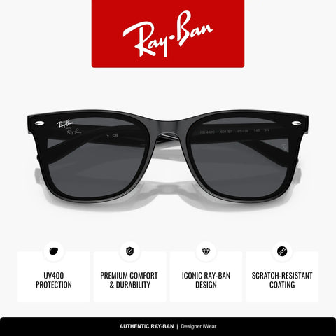 Slim Square Sunglasses With Black Frame And Peaked Temples, Dark Grey Lenses, 65mm Fit, Everyday UV Protection, Ray-Ban