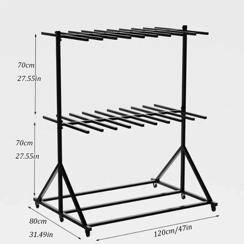 Sturdy Built Tough Heavy Duty Life Vest Organizer Rack With Smooth Rolling Swivel Wheels For Poolside Deck Storage Two Tier, black iron material, 120cm wide.