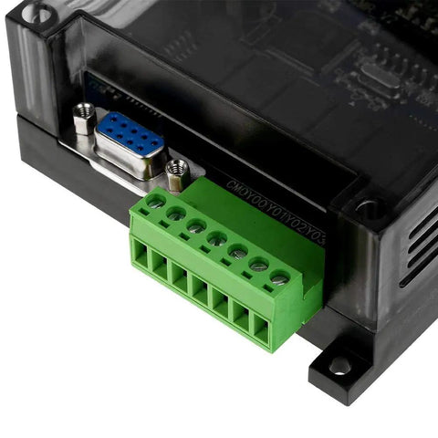Close-up of DC 24V FX1N 14MR PLC with relay output, green terminal block, and 32-bit MCU for automation projects and monitoring.