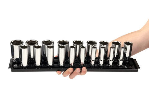 Heavy-Duty Half Inch Drive Deep 6 Point Socket Set With Rails And Tray, 19-Piece, on display, held in hand