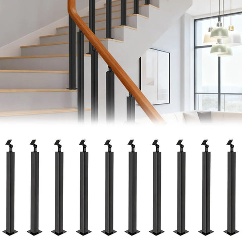 Crafted Heavy Duty Holeless Stair Railing Spindles With Slick Badass Matte Black Finish And Retro Ironwork Design For A Killer 270 Degree Adjustable Setup Indoors Outdoors displayed in modern home interior.
