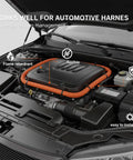 Braided Split Wire Loom Sleeve for cars and trucks installed around engine components, showing flame retardant and durable features.