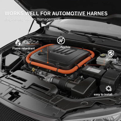 Braided Split Wire Loom Sleeve for cars and trucks installed around engine components, showing flame retardant and durable features.