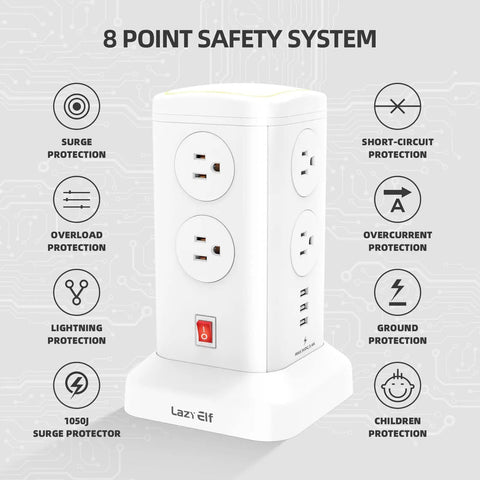 Power Strip Tower With Night Light For Home Or Office Dope Surge Protection 14 AC Outlets And 4 USB Ports Flat Plug 8 Safety Features