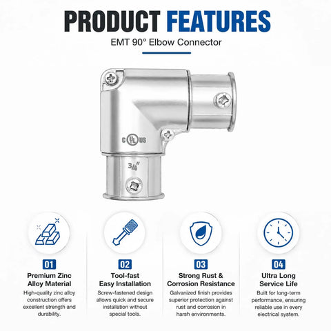 Heavy Duty 3/4 Inch Emt Conduit Fitting 90 Degree Inside Corner Pull Elbow Zinc Die Cast Raceway setup features and details.
