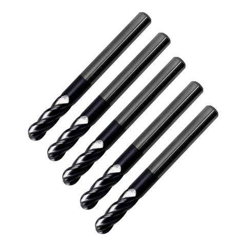 Five Pack Quarter Inch Ball Nose Carbide End Mills ALTiN Coated, Four Flute CNC Milling Bits For Alloy And Hardened Steels
