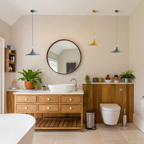 Three Color Barn Pendant Light Set In Nordic Macaron Style With Green Yellow And Smoke Gray Domes in a modern bathroom.