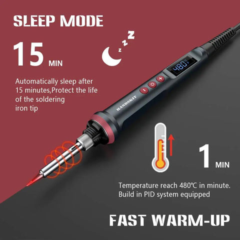 All-In-One 90W Adjustable Soldering Iron Kit With LED Display showing temperature and sleep mode features