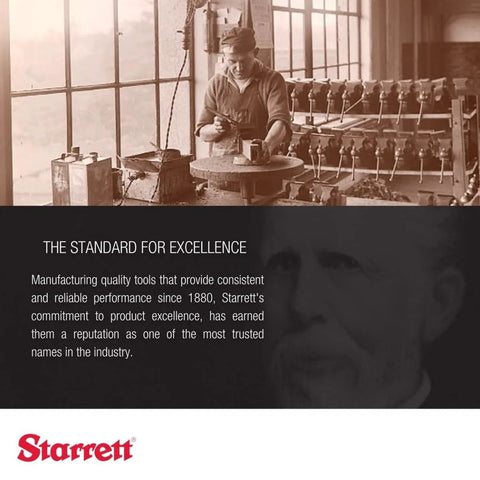 Starrett brand banner showing a sepia tone vintage workshop scene with a worker and the Starrett logo.
