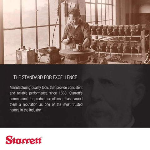 Worker crafting tools in historic workshop, showcasing Starrett's commitment to quality tool manufacturing since 1880. Starrett logo visible.