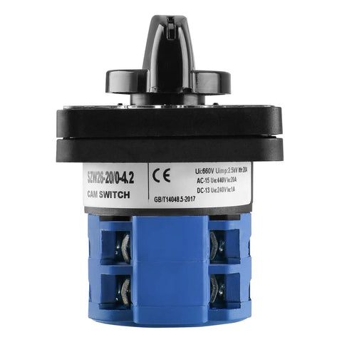 20A 660V Cam Changeover Switch With 5 Position Rotary Selector, 8 Terminals, SZW26-20/0-4.2, front view showing switch handle and terminals