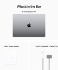 2023 MacBook Pro Laptop Featuring Sick M2 Pro Specs And Smooth 16 Inch Retina XDR Screen 16GB Memory 1TB Fast Storage In Clean Space Gray Build showing contents in the box.