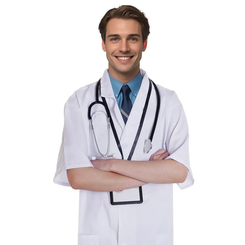 Smiling man in White Short Sleeve Lab Coat XL Costume For Adults And Teens Unisex Scientist Doctor Outfit With Stethoscope And ID Card