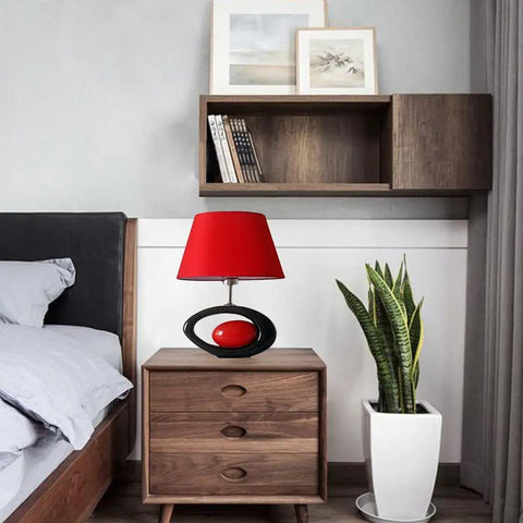 Red And Black Ceramic Table Lamp With Oval Body And Red Lampshade, E27 Desk Light For Living Room And Bedroom on bedside table