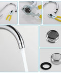6 Piece Faucet Aerator Removal Wrench Kit including Sink Bubbler Tools and M24 Adapter Nuts with chrome faucet and pliers.