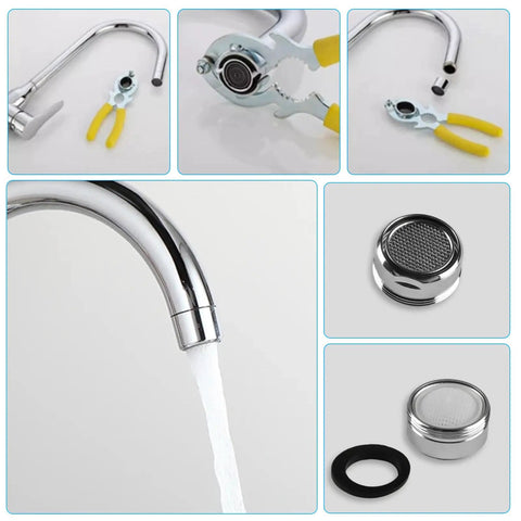 6 Piece Faucet Aerator Removal Wrench Kit including Sink Bubbler Tools and M24 Adapter Nuts with chrome faucet and pliers.