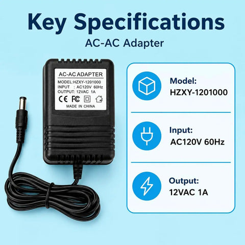 12V AC Power Adapter Replacement for 12V Devices 120V 60Hz Input 12VAC Output 700mA to 1000mA, model HZXY-1201000 details.