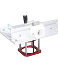 Heavy Duty Aluminum Router Lift Base With Quick Twist Knobs For Badass Diy Woodshop Setup Solid Zero To Fifty Four Millimeter Height Adjustment Rig with red clamping base