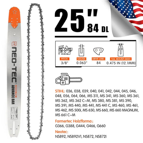 25-inch 84 DL laminated chainsaw guide bar and chain combo with 3/8 pitch, 0.063 gauge, fits Stihl MS660, logo and spec details
