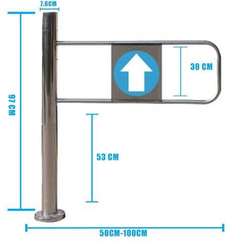 Heavy Duty One Way Safety Gate For Store Entrances Industrial Metal Swing Barrier Built Like A Tank, 97 cm tall, stainless steel.