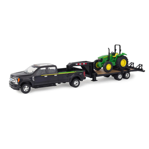 Ford F350 Pickup And John Deere Tractor Toy Set With Gooseneck Trailer, 1 To 32 Scale, side view with detachable trailer