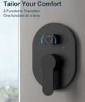 Close-up of BLACK handheld shower control valve for GRANDJOY 10" Ceiling Shower System with Handheld Spray, Matte Black.