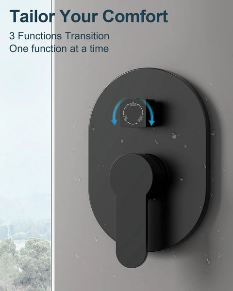 Close-up of BLACK handheld shower control valve for GRANDJOY 10" Ceiling Shower System with Handheld Spray, Matte Black.