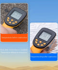 Temperature comparison before and after construction using an infrared thermometer, showing 533 and 281 degrees.