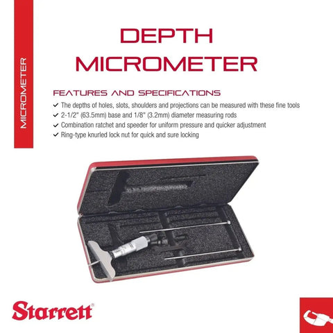 Micrometer Depth Gauge Set With Ratchet Speeder In Case, Plain Thimble, 0-3 Inch Range,.001 Inch Graduation in black case