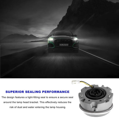 Two Pack Car Headlight Dust Caps Waterproof Rubber Seals For H4 LED Bulbs shown in car driving at night