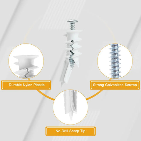 Heavy Duty Self Drilling Drywall Anchors And Screws kit featuring durable nylon plastic, strong galvanized screws, and no-drill sharp tip.