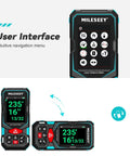 Laser Measuring Tool With 2.4 Inch Color Backlit Display, 330 Ft Range, Plus Or Minus One Sixteenth Inch Accuracy, Rugged, Lightweight, Jobsite Ready For Big Measurements And Quick Layouts, front and side view