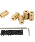 Premium Five Piece RC Brass Shaft Coupling Kit For 5Mm To 5Mm Universal Motor Connectors showing brass couplers and grub screws.