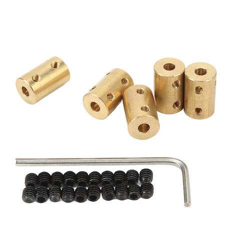 Premium Five Piece RC Brass Shaft Coupling Kit For 5Mm To 5Mm Universal Motor Connectors showing brass couplers and grub screws.