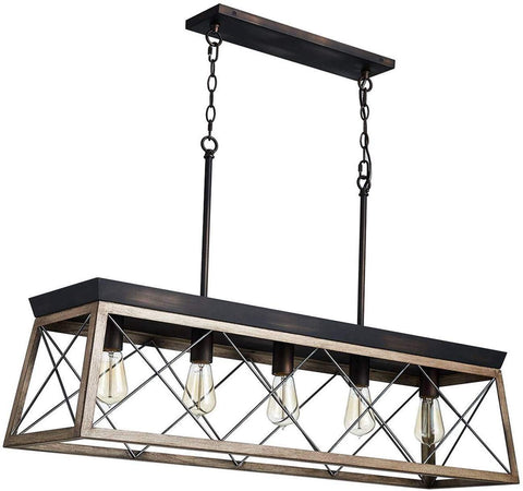5 Light Wood And Metal Kitchen Island Pendant Chandelier With Rustic Farmhouse Industrial Vibe, 39x12x12 in, oak-painted metal frame