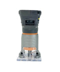 Front view of Cordless Brushless OCTANE Fixed Base Router 18 Volt Power Tool with One Quarter Inch Bit and clear base.