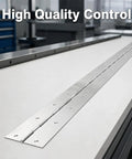 Close-up of 48 Inch 3 Wide Stainless Steel Piano Hinge for cabinets and toolboxes on a quality control workbench.