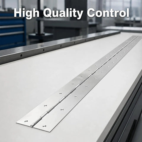 Close-up of 48 Inch 3 Wide Stainless Steel Piano Hinge for cabinets and toolboxes on a quality control workbench.