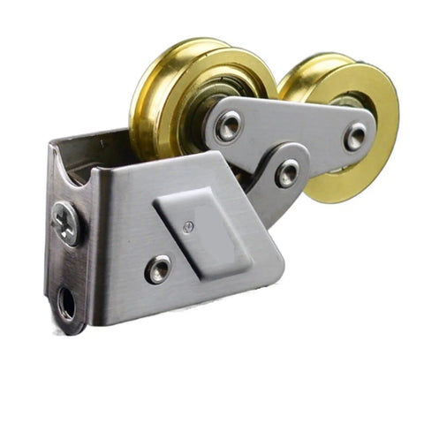 Heavy Duty Stainless Steel Double Wheel Pulley Track Rollers For Cupboard Pantry And Bathroom Sliding Doors Glides Like Butter Built Tough Zero Hassle Mount Replacement Hardware Set Of Two close-up view showing double wheels and metal housing.