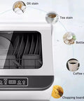 Smooth Operator Countertop Dishwasher With Three Reliable Wash Cycles Heated Dry Setting And Rotating Spray For Sparkling Dishes showing inner cleaning capability for various stains.