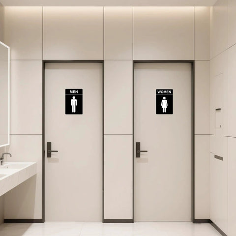 Restroom doors with men and women signs in a modern interior setting.