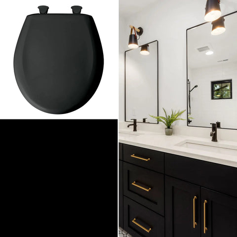 Bold Black Slow Close Toilet Seat With Easy Clean Hinges Durable Plastic Round Made In USA Soft Close in modern bathroom.
