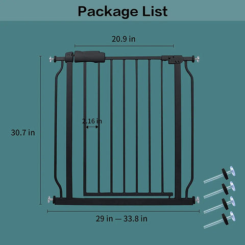 Package list of narrow baby gate for tight doorways and small spaces indoor safety gate with no fuss auto close and walk through design.