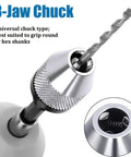 3-jaw chuck drill adapter with hex shank, showing universal chuck for round or hex shanks