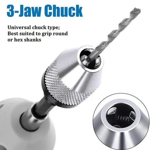3-jaw chuck drill adapter with hex shank, showing universal chuck for round or hex shanks