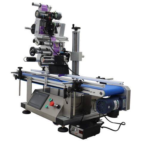 Industrial Grade Automatic Flat Surface Label Applicator With Touchscreen Control And Auto Photo Sensor, featuring precision rollers and smart interface.