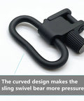 Close-up view of Rock Solid All Metal Sling Swivels 1 Inch two point attachment clip showing curved design for enhanced pressure.