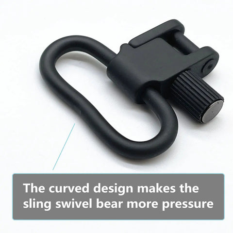 Close-up view of Rock Solid All Metal Sling Swivels 1 Inch two point attachment clip showing curved design for enhanced pressure.